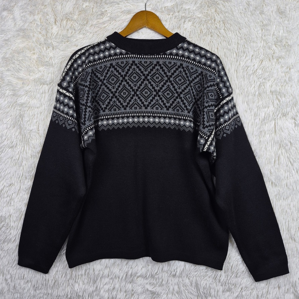 Meister Vintage Wool Blend Fair Isle Nordic Geometric Crewneck Sweater Black L